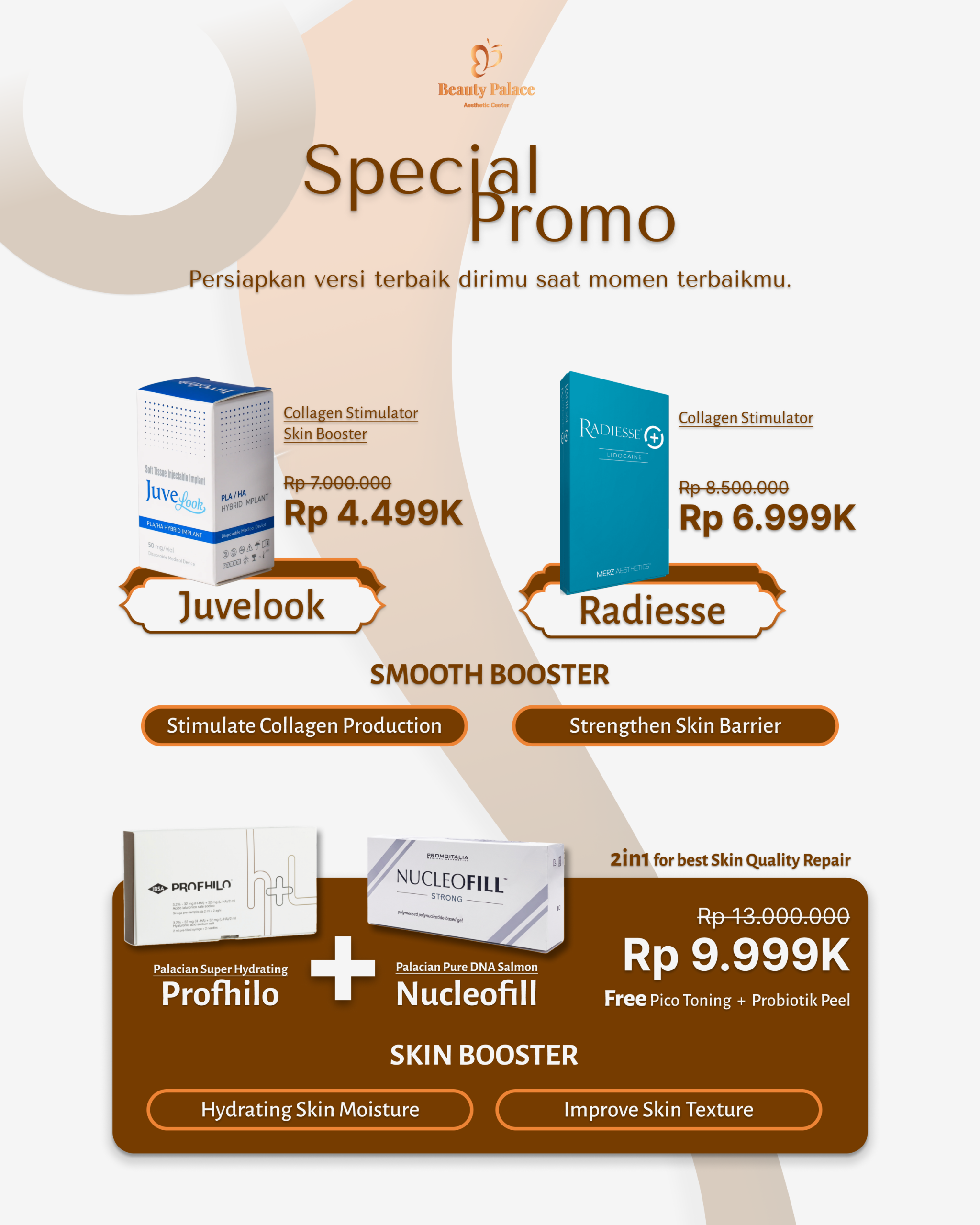 Skin Quality Repair adalah treatment yang menutrisi kulit dengan produk Juvelook, Radiesse, Profhilo, Nucleofill dengan harga promo terbaik