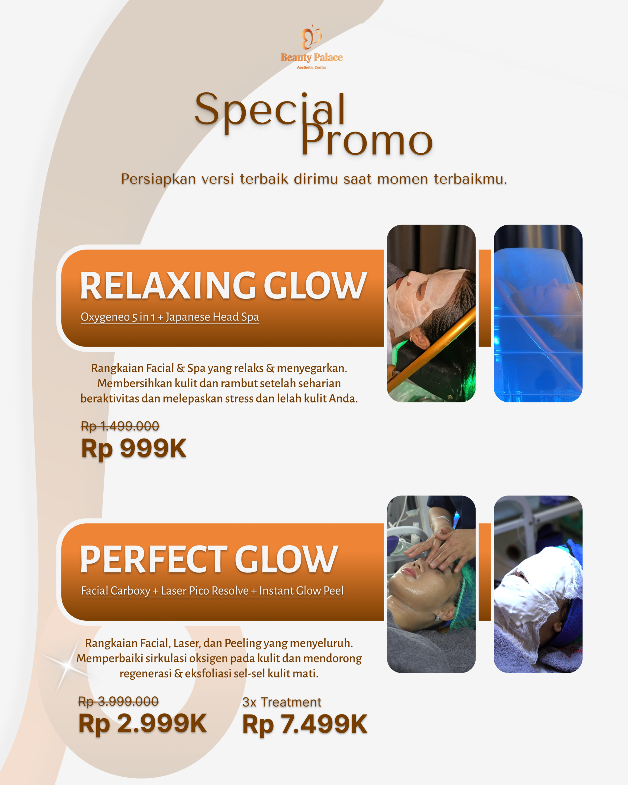 Relaxing Glow kombinasi Facial Oxygeneo 5 in 1 & Japanese Head Spa Perfect Glow kombinasi Facial Carboxy, Laser PICO Resolve, dan Instant Glow Peel Harga promo terbaik treatment Facial & Laser
